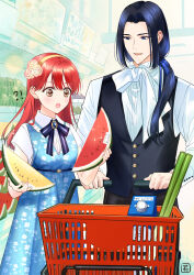  !? 1boy 1girl :o aisanai_to_iwaremashite_mo black_hair black_pants black_vest blue_dress blue_eyes brown_eyes brown_flower brown_rose character_request collared_shirt commentary_request dress dress_shirt floral_print flower food forehead frilled_shirt_collar frills fruit hair_flower hair_ornament hair_over_shoulder hairband highres holding holding_food indoors long_hair official_art open_mouth pants parted_bangs pierorabu print_dress red_hair revision rose shirt shopping_cart short_sleeves sleeveless sleeveless_dress vest watermelon watermelon_slice white_shirt yellow_hairband 