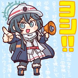  1girl :d black_boots black_hair blue_archive blue_background blue_jacket blush boots commentary_request deformed full_body fur-trimmed_boots fur-trimmed_jacket fur_trim genba_neko_(meme) green_eyes green_halo grey_shirt halo hard_hat helmet holding holding_megaphone jacket leggings long_hair long_sleeves looking_at_viewer lowres megaphone meme minori_(blue_archive) neneo_(ragnene1) open_clothes open_jacket open_mouth partial_commentary pleated_skirt pointing scarf shirt skirt smile solo standing text_background translation_request v-shaped_eyebrows white_helmet white_scarf white_skirt 
