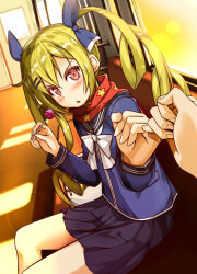  1girl 1other bag blonde_hair blue_bow blue_sailor_collar blue_shirt blue_skirt blush bow bowtie candy cinderella_series comiket_97 commentary_request drill_hair dutch_angle food hachigatsu_no_cinderella_nine hair_bobbles hair_ornament hairclip holding holding_candy holding_food holding_lollipop kosaka_tsubaki lollipop long_hair looking_at_viewer open_mouth pinky_swear pov pov_hands red_scarf sailor_collar sanada_ikki scarf school_uniform shirt sitting skirt solo_focus star_(symbol) star_print train_interior twin_drills white_bag white_bow white_bowtie 