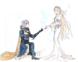  armlet armor bare_shoulders black_gloves blonde_hair blue_armor breasts cape commentary_request cosmos_(dff) dissidia_final_fantasy dress ff14hioo_oo7 final_fantasy final_fantasy_i full_body gloves gold_trim jewelry korean_commentary long_dress long_hair medium_breasts medium_hair on_one_knee outstretched_hand silver_hairband sketch strapless strapless_dress tiara warrior_of_light_(ff1) white_background white_dress yellow_cape 
