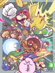  1girl 6+boys absurdres arimajirou_(rimajiro_black) arm_cannon armor assault_visor battle blonde_hair blue_eyes blue_overalls brown_hair captain_falcon coin commentary_request copy_ability crossover donkey_kong egg electricity explosive f-zero facial_hair fire firing fox_mccloud gameplay_mechanics gloves gun handgun hat helmet highres holding jigglypuff kirby kirby_(series) link luigi mario metroid microphone mother_(series) mother_2 multiple_boys mustache ness_(mother_2) open_mouth overalls pikachu pill pointy_ears pokemon_(creature) power_armor power_suit_(metroid) robot samus_aran shield smile star_fox super_mario_bros. super_mario_bros._1 super_smash_bros. the_legend_of_zelda varia_suit weapon yoshi 