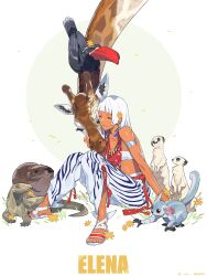  1girl absurdres animal armlet baggy_pants bandeau bare_shoulders bird bracelet closed_eyes commentary_request dark-skinned_female dark_skin dinosaur elena_(street_fighter) elephant feathers flower giraffe highres ima_kobayashi jewelry komodo_dragon lemur long_hair meerkat necklace pants penguin sandals short_hair sitting smile solo squirrel strapless street_fighter street_fighter_6 tube_top white_hair 