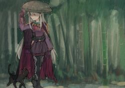  1girl bamboo bamboo_forest black_cat black_pantyhose cat chikage_(furuyoni) cloak closed_eyes commentary ecriture forest gloves grey_hair japanese_clothes kasa_(hat) long_hair nature pantyhose purple_cloak purple_gloves rain sakura_furu_yo_ni_kettou_wo shaded_face shorts very_long_hair 