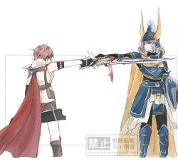  1boy 1girl armband armor black_armband black_gloves black_pants blue_armor breasts cape commentary_request cropped_legs dissidia_duellum_final_fantasy dissidia_final_fantasy fake_horns feet_out_of_frame ff14hioo_oo7 fighting_stance final_fantasy final_fantasy_i final_fantasy_xiii fingerless_gloves gloves gold_trim grey_hair gunblade helmet holding holding_shield holding_sword holding_weapon horned_helmet horns korean_commentary lightning_farron looking_at_another medium_breasts medium_hair pants pink_hair plume red_cape shield sword vest warrior_of_light_(ff1) weapon white_background white_vest yellow_cape 