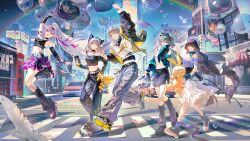  1boy 4girls absurdres caelus_(honkai:_star_rail) casual chinese_commentary closed_mouth commentary_request full_body green_hair grey_hair highres honkai:_star_rail honkai_(series) honkai_impact_3rd kiana_kaslana long_hair multiple_girls open_mouth outdoors raiden_mei smile stelle_(honkai:_star_rail) trailblazer_(honkai:_star_rail) very_long_hair vita_(honkai_impact) 