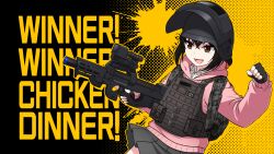  1girl altyn_helmet backpack bag black_gloves black_hair brown_eyes bulletproof_vest bullpup combat_helmet commentary english_text fingerless_gloves fn_p90 gloves grey_skirt gun helmet highres holding holding_gun holding_weapon hood hoodie nanju_bami optical_sight original pink_hoodie playerunknown's_battlegrounds pleated_skirt shirt skirt solo submachine_gun suppressor weapon white_shirt winner_winner_chicken_dinner 