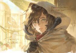  1girl au_ra black_gloves brown_cloak brown_hair chelr cloak commission final_fantasy final_fantasy_xiv gloves green_eyes highres hood hood_up hooded_cloak looking_at_viewer low_horns mihuashi_commission parted_lips scales simple_bird solo upper_body warm_colors warrior_of_light_(ff14) 
