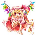  all_fours blonde_hair crystal flandre_scarlet hakuya hands hat long_hair outstretched_arm outstretched_hand reaching red_eyes side_ponytail solo touhou wings 