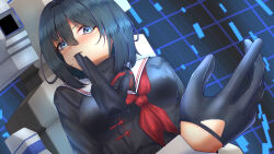  1girl black_eyes black_gloves black_hair black_shirt breasts chair closed_mouth cockpit commentary_request dutch_angle from_below glove_in_mouth gloves hair_between_eyes highres large_breasts liu_cuilan mole mole_under_mouth mouth_hold muv-luv muv-luv_girls_garden neckerchief on_chair pilot_chair red_neckerchief sailor_collar shirt short_hair sitting solo upper_body white_sailor_collar yts480_tea 