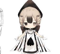 1girl black_hair commentary_request dress frilled_dress frills gloves grey_eyes grey_hair mabuta_(byc0yqf4mabye5z) magical_girl mahou_shoujo_ikusei_keikaku mahou_shoujo_ikusei_keikaku_jokers multicolored_hair short_hair shufflin spade-shaped_pupils spade_(shape) white_background white_gloves 