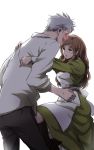  axis_powers_hetalia bad_id blush boots brown_hair dress green_eyes grey_hair groin_kick hungary_(hetalia) kick kicking maid prussia_(hetalia) snake_mike tamakeri 