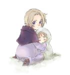  2boys axis_powers_hetalia blonde_hair blue_eyes capelet coat eyebrows france_(hetalia) hood sitting snow united_kingdom_(hetalia) young 