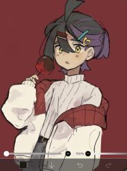  1boy alternate_costume art_program_in_frame black_hair candy_apple commentary_request food grey_pants hair_between_eyes hair_ornament hairclip hand_up heart heart_hair_ornament highres holding jacket kieran_(pokemon) looking_at_viewer lucria male_focus mole mole_on_neck off_shoulder open_clothes open_jacket open_mouth pants pokemon pokemon_scarlet_and_violet red_background ribbed_sweater sleeves_past_wrists solo sweater white_jacket yellow_eyes 
