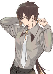  1boy antenna_hair arisuke_(natuyan) arms_up black_pants brown_hair closed_eyes closed_mouth collared_shirt commentary_request cowboy_shot earrings eyeshadow fingernails gem genshin_impact grey_shirt hair_between_eyes jewelry long_hair long_sleeves low_ponytail makeup male_focus necktie pants pendant ponytail puffy_long_sleeves puffy_sleeves red_eyeshadow shirt simple_background single_earring solo standing tassel tassel_earrings tying_hair very_long_hair white_background white_necktie yellow_gem zhongli_(genshin_impact) 