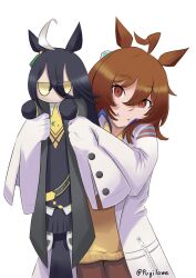 2girls :t absurdres agnes_tachyon_(umamusume) animal_ears belt black_belt black_gloves black_shirt black_skirt black_vest brown_pantyhose cheek_squash closed_mouth coat collared_shirt crossed_bangs deformed ear_ornament ear_tag earrings gloves hair_between_eyes hem_peeking_out highres horse_ears horse_girl horse_tail jewelry lab_coat longcat_(meme) manhattan_cafe_(umamusume) meme multiple_girls necktie no_mouth pantyhose pleated_skirt pugilowe red_eyes shirt single_earring skirt smile split_mouth sweater tail twitter_username umamusume vest white_coat white_shirt yellow_eyes yellow_necktie yellow_sweater 