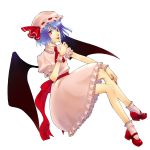  blue_hair crossed_legs finger_to_mouth hat highres itsuki_(pixiv) mary_janes red_eyes remilia_scarlet ribbon shoes short_hair sitting smile touhou transparent_background wings 