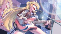  1girl bea_ns0910 black_skirt blonde_hair blue_eyes bow breasts commentary_request concert guitar hair_bow highres holding holding_plectrum instrument jacket large_breasts lilly_lavoix long_hair microphone_stand muv-luv muv-luv_girls_garden open_clothes open_jacket open_mouth playing_guitar playing_instrument plectrum red_bow red_jacket screen_zoom sharp_teeth shirt skirt solo teeth white_shirt 