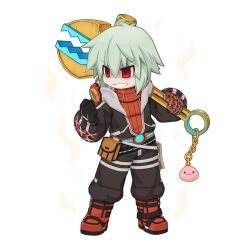  1boy aura belt belt_pouch bio_lab black_belt black_gloves black_jumpsuit boots charm_(object) chibi chibi_only full_body gloves green_hair grin holding holding_wrench howard_alt-eisen jumpsuit long_sleeves looking_afar male_focus mechanic_(ragnarok_online) official_alternate_costume official_art open_jumpsuit poring pouch ragnarok_online red_boots red_eyes red_shirt shaded_face shirt short_hair simple_background smile solo standing tachi-e transparent_background wrench yuichirou 