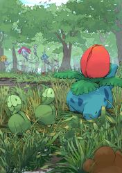  aomon_(yuuji7604) azelf bidoof brown_fur bud budew closed_eyes commentary_request forehead_jewel forest gem grass highres ivysaur mesprit multiple_tails nature no_humans plant pokemon pokemon_(creature) pokemon_focus red_gem tail tree two_tails uxie yellow_eyes zigzagoon 