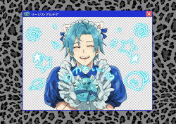  1boy alternate_costume altventurer_(regis_altare) animal_ears blue_dress blue_hair blue_ribbon cat_ears closed_eyes creature crossdressing crossdressing_(mtf) doodle_inset dress fake_animal_ears fake_transparency gloves hanamaru heart highres holding holding_creature holostars holostars_english maid maid_headdress male_focus male_maid open_mouth petermann puffy_sleeves regis_altare ribbon short_hair slime_(creature) smile star_(symbol) upper_body virtual_youtuber white_gloves window_(computing) 