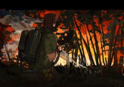  1boy aaalanlynx beard_(hotline_miami) black_tube_top commentary_request flamethrower from_behind green_jacket highres holding holding_flamethrower holding_weapon hotline_miami hotline_miami_2:_wrong_number jacket jungle male_focus mature_male medium_hair military_uniform nature oxygen_tank red_hair strapless tube_top upper_body weapon 