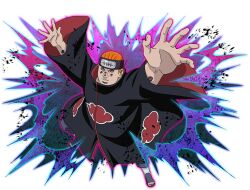 1boy akatsuki_uniform amegakure_symbol arms_up black_coat coat forehead_protector gakidou_pain looking_at_viewer naruto_(series) naruto_shippuuden naruto_shippuuden:_ultimate_ninja_blazing official_art open-toe_boots orange_hair print_coat rinnegan solo spikes violet_eyes 