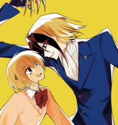  1boy 1girl ascot blonde_hair blue_coat blue_eyes bow bowtie brown_eyes claws coat collared_shirt colored_bangs commentary_request grimfantas highres katsuragi_yako looking_at_another majin_tantei_nougami_neuro nervous_sweating nougami_neuro open_mouth parted_bangs pink_sweater red_bow red_bowtie shirt short_hair simple_background smile sweat sweater upper_body white_ascot white_shirt yellow_background 