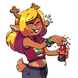  1girl alternate_costume animal_ears antlers blonde_hair bottle buck_teeth deer_antlers deer_ears deer_girl deer_tail deltarune discount-supervillain furry furry_female horns long_hair noelle_holiday open_mouth reindeer_girl shirt smile soda_bottle solo tail teeth utdr_(toby_fox) 