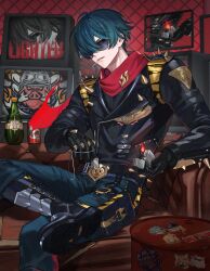  1boy absurdres black_gloves black_jacket black_shoes burnice_white caesar_king_(zenless_zone_zero) can commentary_request couch crossed_legs drink figure_four_sitting fire gloves green_eyes green_hair hair_between_eyes hair_over_one_eye highres holding holding_lighter iyo_(iyoo) jacket lighter lighter_(zenless_zone_zero) looking_at_viewer luciana_de_montefio male_focus on_couch pants parted_lips piper_wheel pulchra_fellini red_scarf scarf shirt shoes short_hair shoulder_spikes sitting spiked_belt spiked_jacket spikes sunglasses torn_clothes torn_scarf wariza zenless_zone_zero 