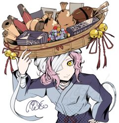  1girl bag bandage_over_one_eye bandaged_arm bandages basket bell blue_kimono closed_mouth commentary_request gem hair_bun hand_on_own_hip holding holding_basket japanese_clothes kazami_ll kimono looking_at_viewer marthym_(persona) persona persona_5 persona_5:_the_phantom_x pink_hair short_hair simple_background smile solo spoon white_background 