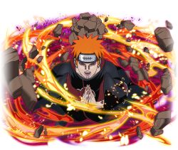  1boy akatsuki_uniform amegakure_symbol black_coat coat ear_piercing face_piercing forehead_protector from_above jewelry looking_at_viewer naruto_(series) naruto_shippuuden naruto_shippuuden:_ultimate_ninja_blazing nose_piercing official_art open_mouth orange_hair own_hands_together pain_(naruto) piercing print_coat red_nails ring rinnegan rock short_hair solo teeth violet_eyes yahiko_(naruto) 