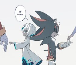  absurdres animal_nose armlet black_fur body_fur dr._eggman dress furry furry_male gloves gold_armlet hedgehog_boy highres hyeon_sonic jewelry maria_robotnik red_eyes sage_(sonic) shadow_the_hedgehog short_hair short_tail sonic_(series) speech_bubble striped_fur tail two-tone_fur white_background white_dress white_gloves white_hair 
