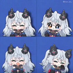  1girl :3 bare_shoulders black_gloves black_horns blue_background blue_dress blue_eyes blush chibi chibi_only closed_eyes closed_mouth clothing_cutout commentary_request crossed_bangs dress elbow_gloves fang gloves grey_hair hair_between_eyes heterochromia horns hue_oo korean_commentary lindverne_sunbringer long_hair looking_at_viewer mechanical_horns multiple_expressions navel navel_cutout open_mouth skin_fang yellow_eyes zenless_zone_zero 