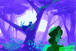 2girls blue_skin colored_skin commentary english_commentary face_shield forest gem_(steven_universe) green_skin highres homeworld_gem_uniform landscape lapis_lazuli_(thefaeriemerchant) multiple_girls nature original peridot_facet_6c4t_cut_2xj scenery sketch skirt steven_universe thefaeriemerchant tree upper_body 