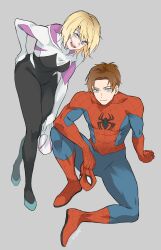  1boy 1girl absurdres blonde_hair blue_eyes brown_hair closed_mouth commentary english_commentary grey_background gwen_stacy hand_on_own_chest highres holding holding_mask looking_at_viewer marvel mask open_mouth peter_parker short_hair simple_background sitting smile spider-gwen spider-man spider-man_(original_suit) spider-man_(series) superhero_costume sushi_pizza_rrr unworn_mask 