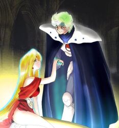  1990s_(style) 1boy 1girl arcade_(architecture) arch armor aura black_cape blonde_hair blue_headband breastplate cape clothing_request dress earrings forehead_jewel gem gloves glowing green_gloves grey_eyes hallway headband helping holding_hands jewelry laia_ii_(phantasy_star) leaning_forward long_hair luin_(phantasy_star) official_artist_extra ozaki_toyo pauldrons phantasy_star phantasy_star_iii red_dress red_gem retro_artstyle shoulder_armor smile stasis_tank tassets very_long_hair white_armor 