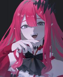  1girl ascot baobhan_sith_(fate) baobhan_sith_(first_ascension)_(fate) black_background black_bow black_bowtie black_tiara blunt_bangs bow bowtie commentary_request detached_sleeves fate/grand_order fate_(series) grey_ascot grey_eyes hair_between_eyes hand_up highres kansoku_(shiki212121) long_hair long_sleeves looking_at_viewer nail_polish neck_tattoo open_mouth pointy_ears portrait raised_inner_eyebrows red_hair red_nails red_sleeves simple_background sleeves_past_wrists smile smug solo tattoo teeth tiara upper_teeth_only 