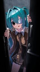  1girl absurdres aqua_hair black_eyes black_skirt brown_coat brown_necktie brown_vest coat collared_shirt colored_eyebrows commentary_request cowboy_shot doorway double-parted_bangs eyepatch hair_between_eyes hair_intakes hair_ornament hatsune_miku highres long_hair looking_at_viewer medical_eyepatch miniskirt momose._(khq9mcyqcj56470) monitoring_(vocaloid) necktie no_pupils open_mouth pleated_skirt rain shirt sidelocks skirt solo twintails vest vocaloid wet wet_clothes white_shirt yandere 