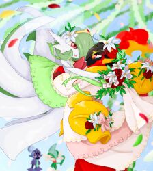  4others absurdres armarouge armor bob_cut bridal_veil ceruledge clothed_pokemon dress elbow_gloves falling_petals fire flower gallade gardevoir gloves green_hair green_necktie hair_flower hair_ornament hair_over_one_eye highres mega_gardevoir mega_pokemon multiple_others necktie novares07 petals pokemon pokemon_(creature) red_eyes red_flower smile veil wedding white_dress white_flower white_gloves yellow_armor 
