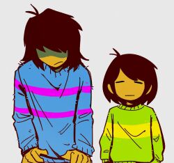  2others =_= antenna_hair blue_sweater brown_hair child colored_skin cosplay costume_switch deltarune double_horizontal_stripe expressionless frisk_(undertale) green_sweater grey_background kris_(deltarune) maitroll multiple_others pulling_own_clothes purple_sweater shaded_face simple_background single_horizontal_stripe sweater two-tone_sweater undertale utdr_(toby_fox) yellow_skin yellow_sweater 