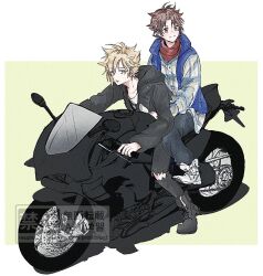  2boys bartz_klauser bartz_klauser_(spirited_traveler) black_boots black_coat black_necktie black_pants blonde_hair blue_eyes blue_vest boots border brown_eyes brown_hair closed_mouth cloud_strife cloud_strife_(urban_wolf) coat commentary_request dissidia_duellum_final_fantasy dissidia_final_fantasy earrings ff14hioo_oo7 final_fantasy final_fantasy_v final_fantasy_vii full_body hood hooded_coat jewelry korean_commentary loose_necktie male_focus motor_vehicle motorcycle multiple_boys neckerchief necktie official_alternate_costume on_motorcycle pants plaid_clothes plaid_shirt red_neckerchief shirt short_hair single_earring smile spiky_hair torn_clothes torn_pants vest white_border white_shirt yellow_background 