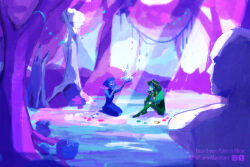  2girls alien blue_hair blue_skin bush colored_skin dress fantasy forest full_body gem_(steven_universe) green_hair green_skin highres homeworld_gem_uniform kneeling landscape lapis_lazuli_(thefaeriemerchant) multiple_girls nature original outdoors peridot_facet_6c4t_cut_2xj sketch statue steven_universe thefaeriemerchant 