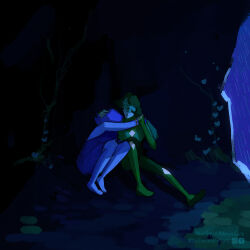  2girls barefoot blue_hair blue_skin colored_skin commentary dress english_commentary full_body gem_(steven_universe) highres homeworld_gem_uniform hug lapis_lazuli_(thefaeriemerchant) multiple_girls original peridot_facet_6c4t_cut_2xj sitting sketch steven_universe thefaeriemerchant yuri 