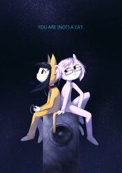  2girls absurdres animal_costume animal_ears bendan-ninja cat cat_costume cat_ears cat_girl cat_tail collar commentary earphones english_commentary english_text evangelion:_1.0_you_are_(not)_alone furry furry_female highres kitty_(kitty_is_not_a_cat) kitty_is_not_a_cat listening_to_music looking_at_another miley_(kitty_is_not_a_cat) multiple_girls neon_genesis_evangelion official_art onesie pink_fur poster_parody rebuild_of_evangelion rectangular_eyewear shared_earphones sitting sitting_on_object sitting_on_speaker smile space speaker star_(sky) tail title_connection yellow_costume 