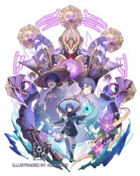  4boys allenerie anemo_symbol_(genshin_impact) armor black_bridal_gauntlets black_kimono black_shorts blunt_ends bridal_gauntlets commentary electricity electro_symbol_(genshin_impact) english_commentary eyeliner feathers flower frown full_body genshin_impact gnosis_(genshin_impact) gold hakama hakama_shorts hat highres japanese_armor japanese_clothes jingasa juban kimono kote kurokote magic makeup mecha multiple_boys multiple_persona open_clothes open_kimono platform_sandals pleated_shorts purple_flower purple_hair purple_rope red_eyeliner red_hat robot rope sandals scaramouche_(genshin_impact) scaramouche_(harbinger)_(genshin_impact) scaramouche_(kabukimono)_(genshin_impact) scaramouche_(shouki_no_kami)_(genshin_impact) shorts shoulder_peek smile upper_body violet_eyes vision_(genshin_impact) wanderer_(genshin_impact) white_background white_kimono white_rope wind yellow_feathers 