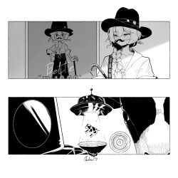  1girl alien_t bette_(reverse:1999) braid cane character_signature collared_shirt cow daku_k fake_facial_hair fake_mustache fedora flying_saucer greyscale hat highres long_hair monochrome poster_(object) reverse:1999 shirt single_braid spacecraft tractor_beam ufo 