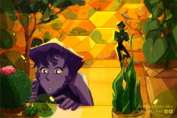  2girls bird blue_hair blue_skin bubble colored_skin fish flower gem_(steven_universe) green_skin highres homeworld_gem_uniform lapis_lazuli_(thefaeriemerchant) leaf multiple_girls original peridot_facet_6c4t_cut_2xj smile snake standing steven_universe thefaeriemerchant tree 