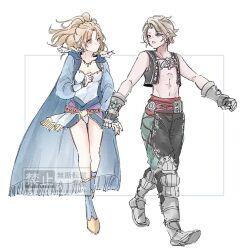  1boy 1girl armored_boots bare_shoulders black_pants black_vest blonde_hair blue_boots blue_cape blue_jacket boots breasts cape commentary_request cropped_vest dissidia_012_final_fantasy dissidia_final_fantasy ff14hioo_oo7 final_fantasy final_fantasy_vi final_fantasy_xii fringe_trim full_body gauntlets gold_trim holding_hands jacket korean_commentary ladder_cutout leotard long_hair medium_breasts mini_wings no_shirt official_alternate_costume open_mouth pants parted_bangs pink_eyes ponytail sash short_hair terra_branford vaan_(ff12) vest waist_sash walking white_background white_leotard wings 