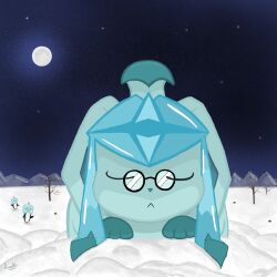  animal commentary drawingartey!! eiscue fluffy glaceon glasses highres moon mountain night non-web_source pokemon pokemon_(creature) pokemon_focus sky sleeping snow snowing star_(sky) starry_sky 