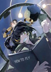  1girl black_hair blonde_streaks book clenched_teeth cockpit commentary english_commentary eyepatch facing_viewer flight_suit girls_frontline holding holding_book long_hair long_sleeves m16a1_(girls'_frontline) multicolored_hair piloting solo streaked_hair teeth todoroki_mushi twitter_username two-tone_hair yellow_eyes 